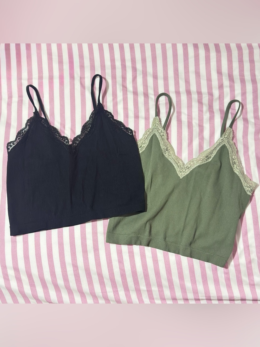 wild fable Lace-Trim Ribbed Crop Cami Tank Tops - Black & Olive Green Set SIZE M